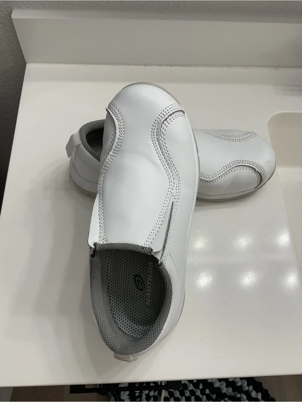 Nautilus White Slip-On Leather Work Loafers with Gray Collar